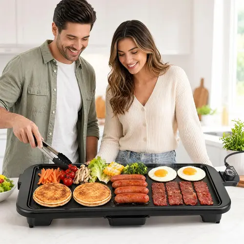 SPZTJK Non-Stick Electric Large Flat Surface Griddle Grill - Countertop Smokeless Indoor Grill with Cord, Adjustable Temperature, Grease Tray, Oil-Free Cooking for Family Cookout, BBQ to Pancakes
