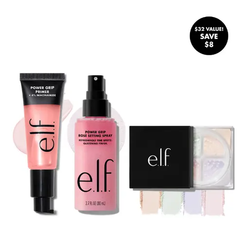 e.l.f. Prep, Set, Glow Trio - Grip Primer + Rosé Setting Spray + Brightening Powder Quad for Long-Lasting Radiance