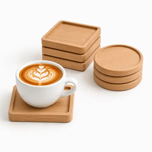 6PCS Unfinished Beech Wooden Cup Coaster Set with Anti-Slip Pads, Laser Engraving Wood Burning Craft Blanks for Father's Day Personalized Gifts & Wedding Decor