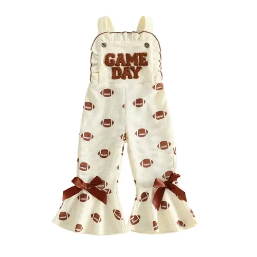 Kids Toddler Baby Girl Football Outfit Spaghetti Strap Waffle Game Day Bell-Bottom Suspender Jumpsuit Rugby Overalls