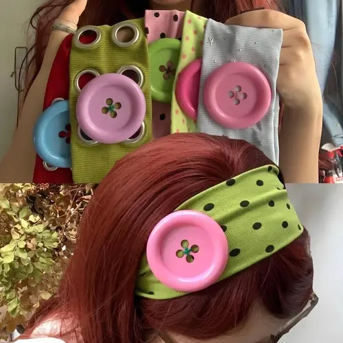 Cute Contrast Big Button Polka Dot Wide Headband Elastic Rib Fabric Hair Hoop Women Y2K Retro Daily Makeup Hair Accessory Multi Colors