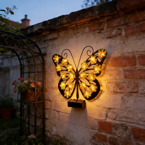 Iron Art Black Butterfly Solar-Powered LED Outdoor Landscape Wall Pendant Light for Yard & Whimsical House Decor, Home Improvement LED Outdoor Lamp, Solar Wall Lights