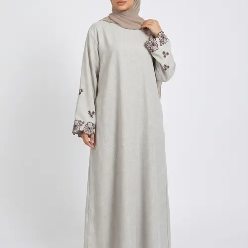 Elegant Embroidered Abaya Maxi Dress, Linen-Like Fabric, Pockets & Belt Included, Perfect for Special Occasions, Women's Fashion Muslim Clothing, Islamic Modesty Clothes