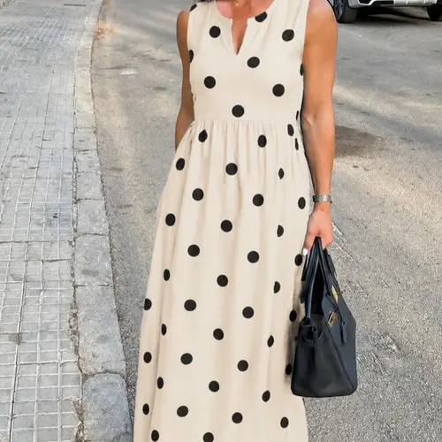 Polka Dot Long Dress with Side Pockets, Lightweight Thin, Airy Fabric for Summer Maxi Dress, Sleeveless V Neck Floral Print Casual Vacation Dress for Women