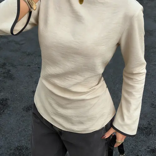Basic Tie Waist Long Sleeve Shirt, Slim Fit Ruffle Top, Vintage Elegant Vibe Blouse, Soft Waist Outerwear, Casual Bishop Sleeve, Casual Office Wear
