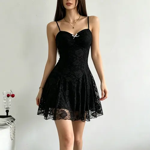 Joteen Brand French Style Chic Feminine Rose Lace Cami Dress, Sweetheart Neck Bow Waist Cinch A-Line Short Dress, Summer Women's Fashion Apparel Fit