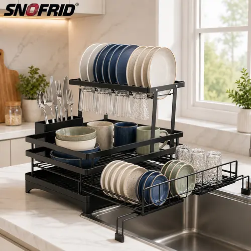 【DealsForYouDays】Snofrid Foldable Over Sink Dish Drying Rack｜Pull-Out 2-Tier Dish Drainer with Utensil Holder｜Space Saving Kitchen
