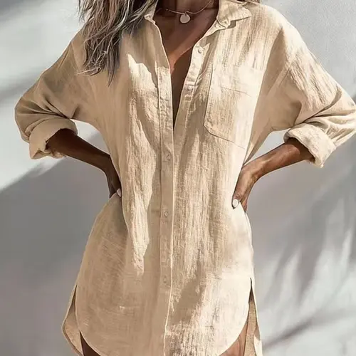 Women's Collared Long Sleeve Shirt, Casual Daily Wear, Breathable Comfort Loose Fit for All Seasons, Home and Vacation Style