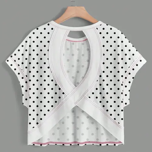 Women's Casual Vibe Polka Dot Batwing Sleeve Backless Cutout Tee, Casual Chic Top, Sporty Top, Loose-Fit Retro T-Shirt for Vacation, Summer Wear