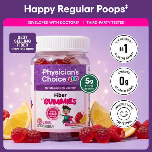 Physician's Choice Kids Fiber Gummies - 3g Prebiotic Fiber for Digestive Health & Regularity - Sugar Free, Vegan - Raspberry Lemonade