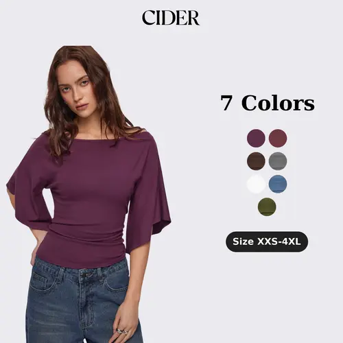 Cider Boat Neck Mid-length Bell Sleeve Ruched Tee