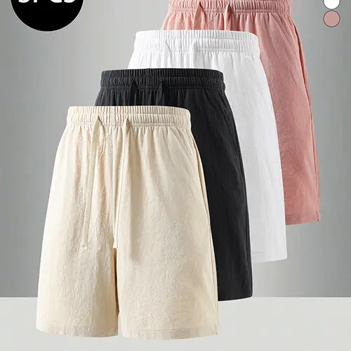 Men's 3-Pack Summer Cotton Shorts, 100% Cotton Ruched Mid-Thigh, Lightweight Breathable Menswear for Home Wear & Fitness, Multi-Color Options for Easy Styling