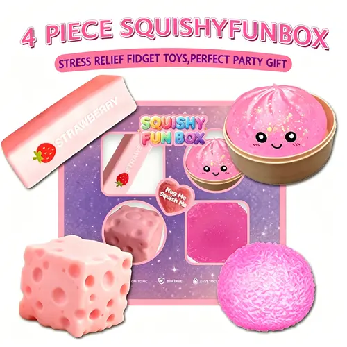 Summerwins 4-Pack Pink Decompression Squishy Toys - Soft Silicone Fidget Toys with Mixed Slow/Fast Bounce, Assorted Shapes for Party Favors, Cool Gifts & Mixed Shape Play