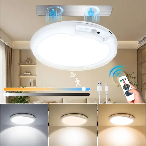 Rechargeable Motion Sensor Cordless Lamp with Remote Control - Wireless Magnetic Snap-On 8000mAh Battery-Powered Home Ceiling Lighting, Auto On/Off, for Closet, Stairs, 400 Lumens, 7-10 Hour Runtime, Father's Day Gift