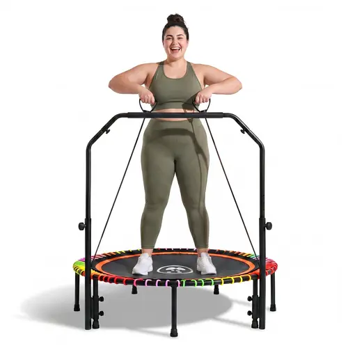 FUNSEEK 48" Foldable Mini Trampoline for Adults & Kids, Quiet & Stable Fitness Rebounder with 4-Level Adjustable Handlebar, Resistance Bands Included, Supports Up to 650 LBS