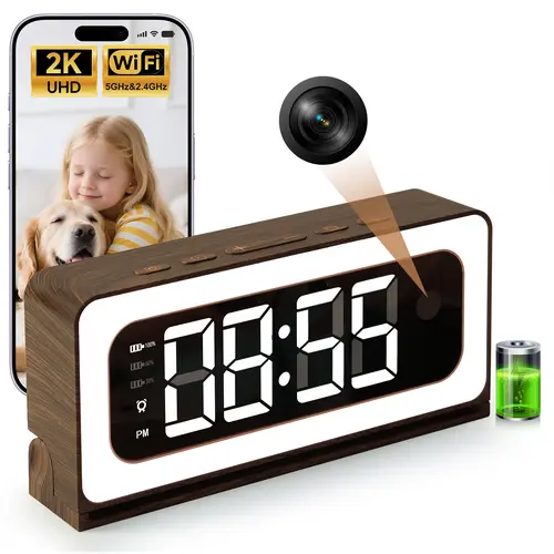 Clock Camera 2K Wood Grain,5G&2.4G WiFi Indoor Security Camera,Cameras for Home Security,3 in 1 Indoor Camera with Alarm,Full Color Night Vision Human Motion Detection Local SD Storage