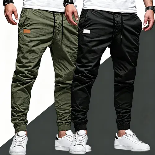 Men's 2-Pack Solid-Color Casual Pants with an Adjustable Drawstring Waist, Multiple Pockets and Leather Detailing, Menswear, Trouser, Men's Pants, Fitted