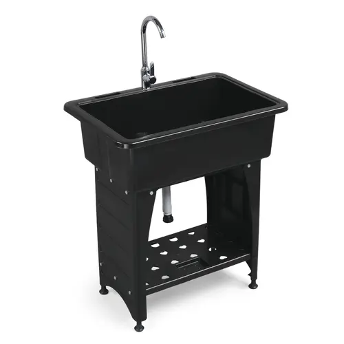 KARLHOME Freestanding Rectangle Utility Sink Kit - PP Plastic, Multi-Use Eco-Friendly Laundry Tub with Stainless Steel Faucet, Storage Shelf, Soap Box Storage, Stable Levelers, Black (32Wx22Dx36H in), Laundry Room