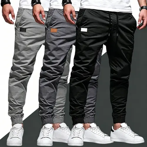 Men's Cargo Pants 3-Pack, Casual Loose-Fit Polyester Trousers with Adjustable Drawstring, Lightweight, Breathable Outdoor Activewear