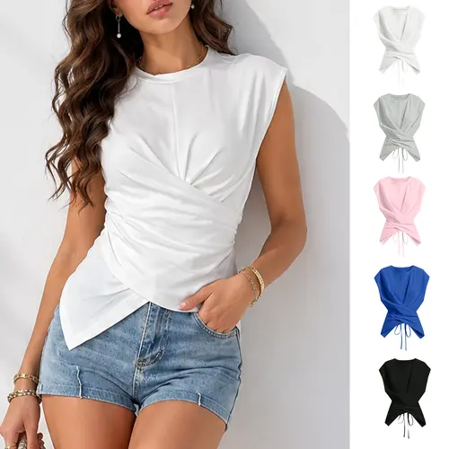 Buenoble Women Crew Neck Cap Sleeve Sleeveless Twist Front Cross Wrap Top  Ruched Waist Slim Fit Irregular Split Hem Casual Summer Going Out Business Casual Blouse Tops
