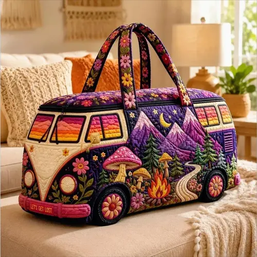 Women's Boho Mushroom Van Weekender Bag - Large Capacity Quilted Gym Duffel Travel Tote, Hippie Aesthetic Carry On, Camping Accessories, Womens Gifts, Gifts for Women, Hippie Stuff, Travel Bag, Carry On Bag