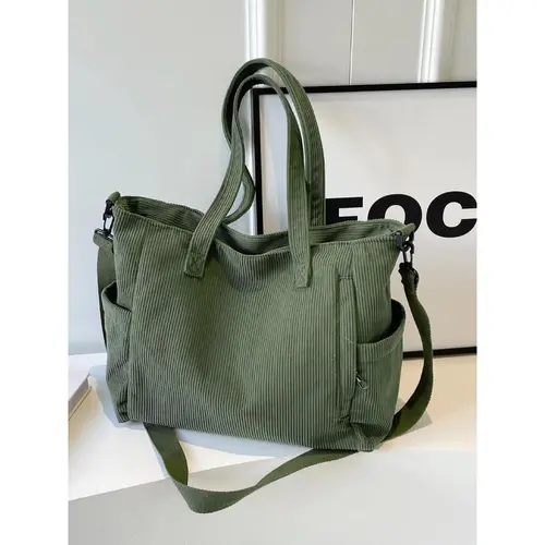 Women's Autumn Winter Striped Corduroy Tote Bag - Large Capacity Crossbody Bag for Students with Detachable Adjustable Shoulder Strap, Zipper, Everyday Purse, Valentine's Day Gifts for Women, Tote Bags, Crossbody Bags For Women