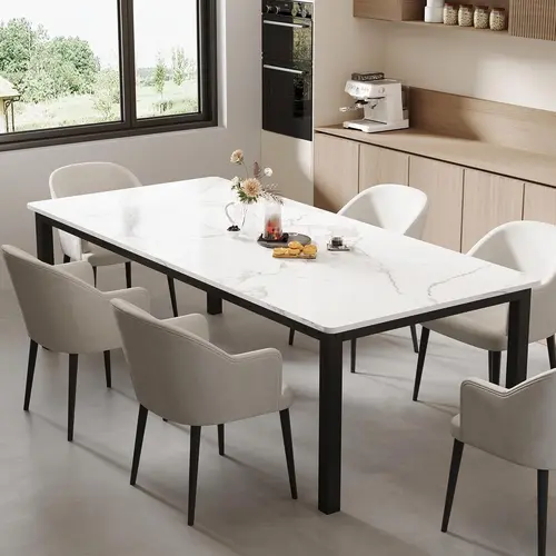 Industrial Dining Table for 6-8 People, Large Rectangle Kitchen Table with Round Corner & Mortise Tenon Design, Wooden Conference Tables Writing Desk with Sturdy Metal Legs, Dining Room, Living Room, Home Office Family Gathering Furniture