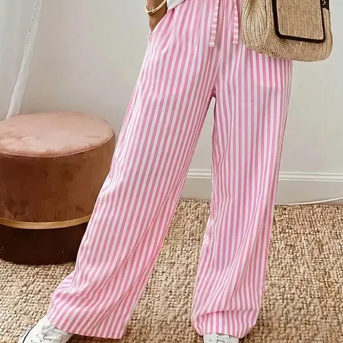 Women’s striped wide-leg casual pants featuring a drawstring elastic waistband and side pockets; soft, comfortable fabric suitable for home and commuting; ideal summer long pants.