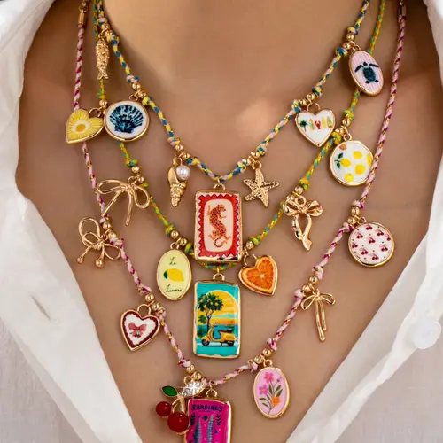 3 Pc Colorful Boho Layered Charm Necklace for Women, Beachy Enamel Peadant Necklace with Bow, Starfish & Fruit Charms, Braided Cord Statement Jewelry for Summer