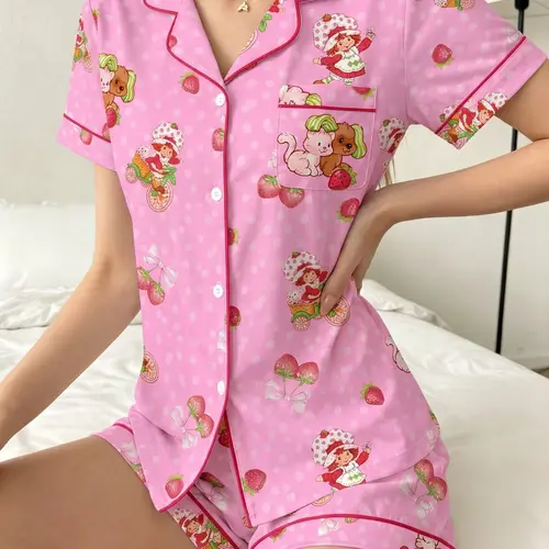 Women's Pajama Set, Strawberry Shortcake Pattern, Print, Comfortable Nightwear, Loungewear, Soft Fabric, Casual Pajama Set, Loose-Fitting, Daily Wear, Loungewear Shorts Sets, Pj Set