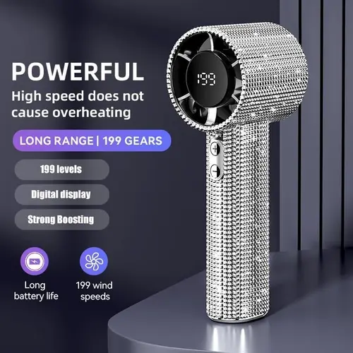 Diamond Bling Handheld Fan, 1800mAh Portable Mini Fan with Digital Display, Adjustable 3-Speed Rechargeable Personal Fan for Travel, Makeup, Outdoor, Women's Gifts, Glitter Fan