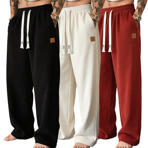 Men's 3-Pack Casual Pants, Mid-Rise Straight-Leg Loose Fit, Drawstring Waist Plain Street Style Activewear for Outdoor Walking, Comfy Pants