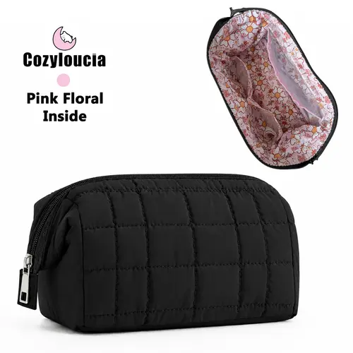 COZYLOUCIA Makeup Bag for Women, Chic Puffy Quilted Floral Cosmetic Case with Wide-Open Top, Travel Organizer for Makeup Products, Wedding, Party, Business, Cute Girly Gifts TikTokShopBackToSchool  sohochic, Basic,back to school,back to school haul