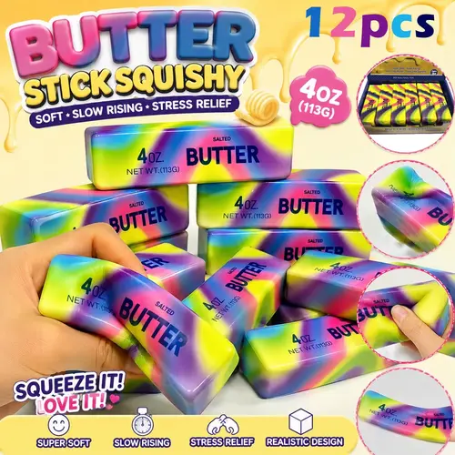 12PCS Realistic Butter & Cheese Stick Satisfying Squishy Toy, Slow Rising ASMR Tactile Fidget Squeeze Toy, Stress Relief Anxiety Desk Toy for Adults, Dazzling Color Fidget Gift for Home & Office, Anxiety Squishies, Squishy Fidgets Pack