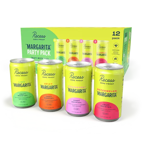 Recess Zero Proof “Margarita” Party Pack Mini Cans, Alcohol Free Drinks, With Adaptogens, Non-Alcoholic Beverage Replacement, Mixer, Celebration “Margarita” Party Pack, 7.5oz, Pack of 12