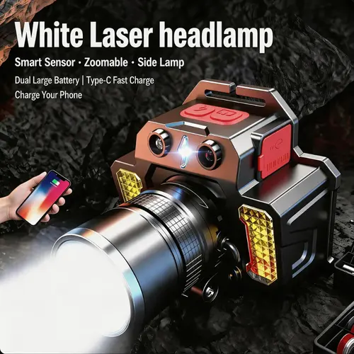 Rechargeable headlamp with long range and 5-night battery. Zoom adjustable, RGB filters (red/green/blue), 180° tilt, motion sensor, 5 modes, and side light. USB-C charging – also works as a power bank.