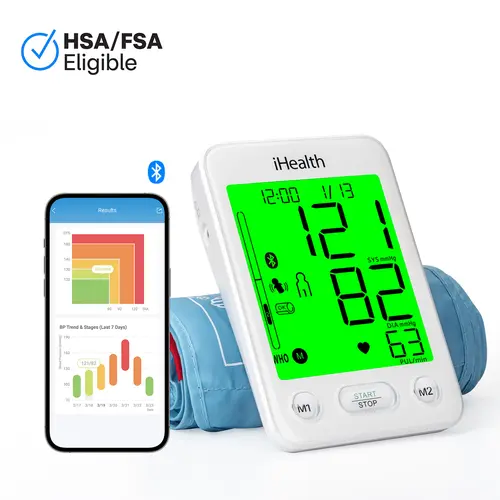 iHealth Bluetooth Upper Arm Blood Pressure Monitor, HSA/FSA Eligible – 4.5" Tri-Color WHO-Based LCD, Clinically Accurate, Irregular Heartbeat Alert, Body & Cuff Detection, Bluetooth Cloud Sync, Batteries, Alkaline
