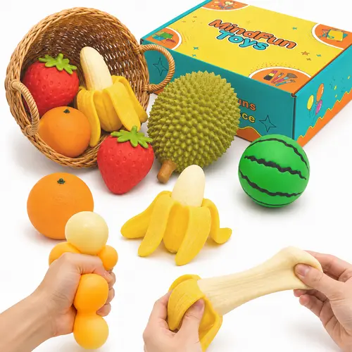 8-Piece Stress Relief Fidget Toys Fruit Squishy Set Box,Soft Sensory Squeeze Toys Fast Return Party Gift for Kids Adults