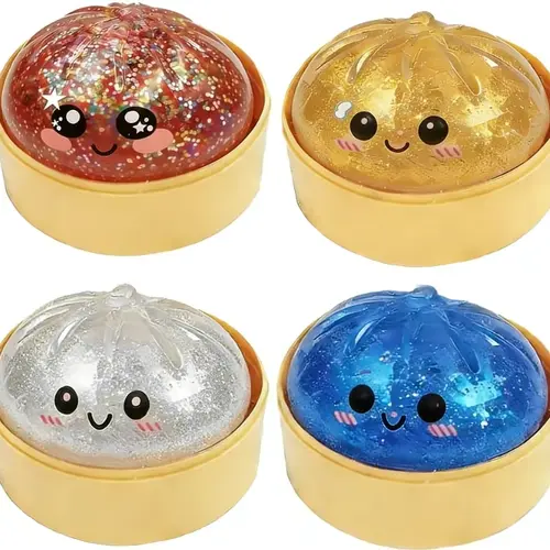 Glitter Clear Dumpling Squishy Toy with Mini Steamer Box, Soft Squeeze Stress Relief Fidget Toy, Cute Food Shaped Desk Toy for Kids & Adults Anxiety Relief