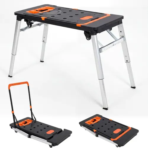 Garvee Upgraded-7-in-1 Folding Laboratory Workbench with Wheels Multifunctional Lab Table Converts to Sawhorse, Low Platform, Dolly, Hand Truck & Car Creeper Portable Workstation for Workshop, Industrial, Garage Use
