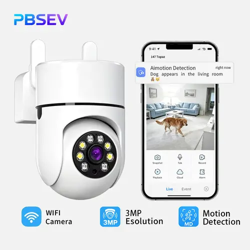 PBSEV 3MP HD 360° Pan-Tilt Wi-Fi Indoor Smart Home Security Camera, Micro SD Support, Bluetooth, Auto Human Tracking, Color Night Vision, Motion Sensor, 2-Way Audio, 911 Emergency Alarm, 24/7 Continuous Recording (Functionality Security Cameras & Systems)