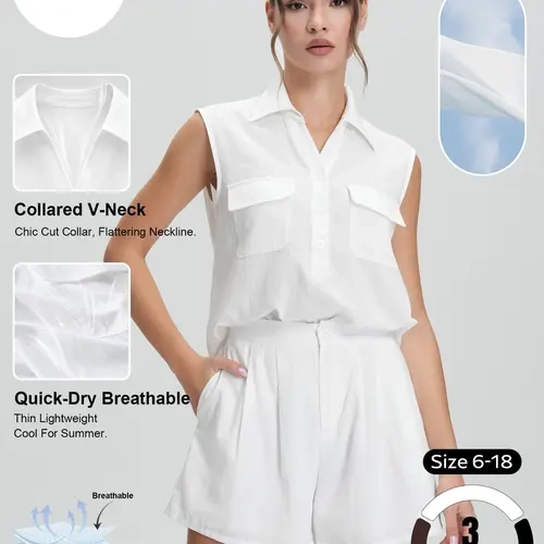 Women's Multifunctional Casual V-Neck Sleeveless Button Top and Shorts Set, Breathable Soft Cotton Two-Piece, Summer Lightweight Quick-Dry Home Wear