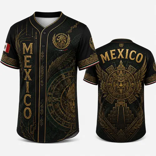 Men's 2026 Mexico-Themed Retro Baseball Jersey, Black Gold Button-Down, Winged Aztec Sun Calendar Graphic, Temple Back Print, Short-Sleeve Soccer Fan Tee, Mens Jersey Style, Aztec Theme, Outfit Variant, Sports Apparel