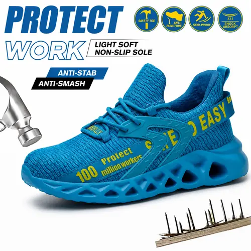 Men's Work & Safety Steel Toe Shoes, Round Toe Laced Mesh+Leather Footwear, Breathable Lightweight Slip-Puncture Proof Cushioned Shoes for Construction, Warehouse