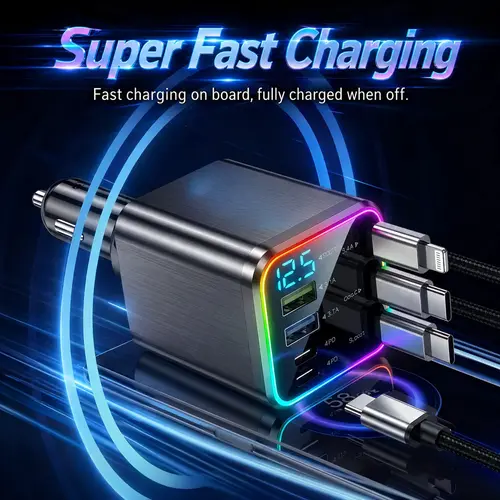 GYIOEUPT 120W Max 7-in-1 Retractable USB C Car Charger - QC3.0, PD2.0, 3 Tangle-Free Cables, 4 Extra Ports, Starry Sky Nightlight Galaxy Projector, LED Voltage Display, Smart Chip Auto Accessories, High Speed Charger for iPhone, Samsung Devices, Usb C Car
