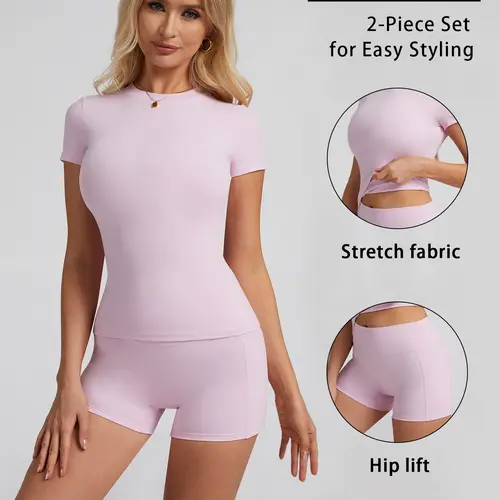 2-Piece Solid-Color Athletic T-Shirt Set Women's Sportswear Set, Slim-Fit RoundNeck Short Sleeves & High-Waisted YogaPants, Ideal for Gym Running OutdoorActivities,  Stretchy Suit Set, Fitness Outfits,Workout Running Outfits-8010 Sporty Crew Neck Sweat Su