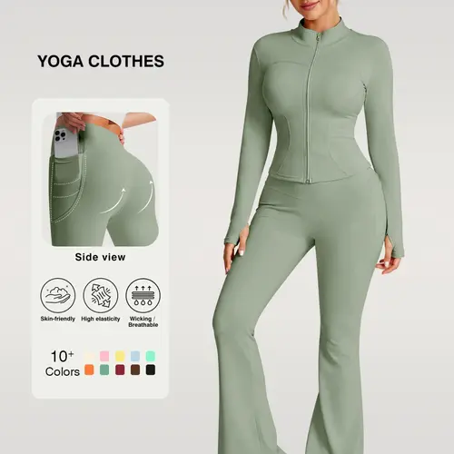 Flexaura Two-Piece Set, High-Waist Pants & Zipper Jacket, Breathable High-Elastic Slim-Fit Long Sleeve Sportswear, All-Season Gym Yoga Running Workout Outfit