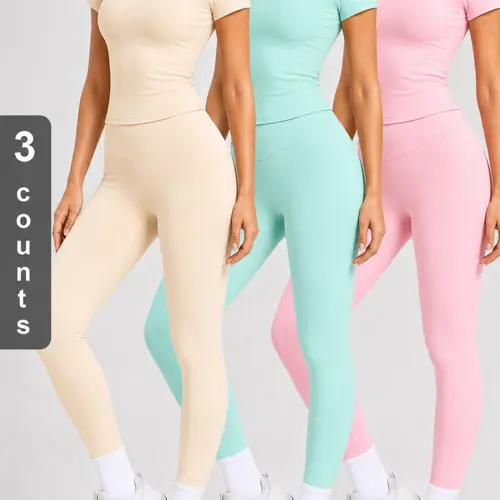 Women's 2 Piece Workout Outfit Sets, Short Sleeve Crew Neck Crop Top High Waist V-Cut Yoga Leggings, Casual Athletic Fitness Activewear Tracksuit