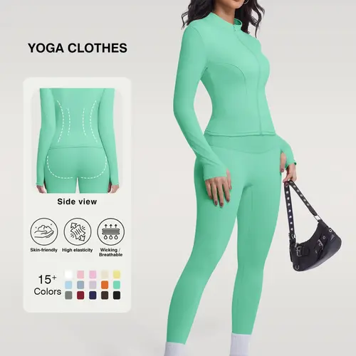 Women's Two-Piece Sporty Fitness Outfits, Long Sleeve High-Waist Pants & Jacket, Breathable Yoga Gym Wear, All-Season Athletic Clothing, Fitted Sportswear Set, Workout Sets