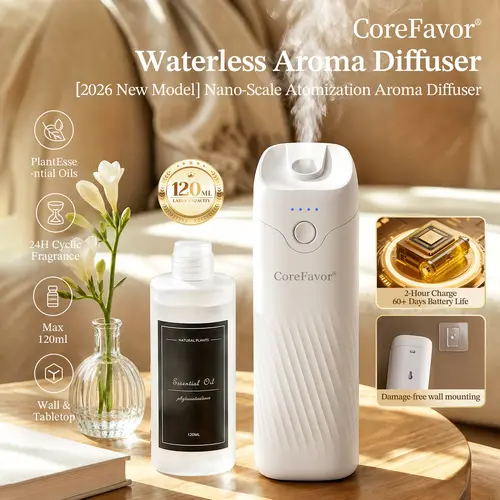 CoreFavor Waterless Essential Oil Diffuser - 120ml Cordless Compact Form Portable Unit, USB Rechargeable Batteries, Wall Mount, 4 Adjustable Fragrance Levels, Quiet Small Footprint Humidifier for Bathroom, Bedroom, 0.12L